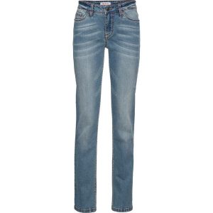 Dżinsy ze stretchem straight, mid waist. Niebieskie jeansy bonprix, bez wzorów, z jeansu. Za 124,99 zł.