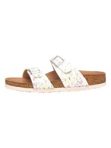Birkenstock Klapki "Sydney" ze wzorem rozmiar: 36. Białe klapki Birkenstock, bez wzorów, z otwartym noskiem, bez obcasa. Za 196,24 zł.