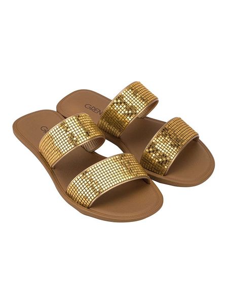 Grendha Klapki "Buriti Icone" w kolorze złoto-jasnobrązowym rozmiar: 38. Brązowe klapki grendha, bez wzorów, z otwartym noskiem, bez obcasa. Za 52,30 zł.