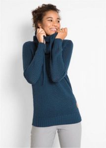 Sweter z golfem z troczkami. Niebieskie golfy bonprix, z aplikacjami, ze skóry. Za 124,99 zł.