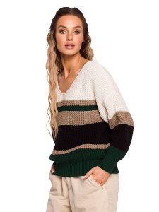 Made of emotion Sweter w kolorze beżowo-czarnym ze wzorem rozmiar: S/M. Brązowe swetry oversize Made Of Emotion, m, bez wzorów, ze splotem, bez ramiączek. Za 122,96 zł.