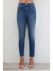 Bleu d'Azur Dżinsy "Oman" - Skinny fit - w kolorze niebieskim rozmiar: 46. Niebieskie jeansy Bleu d'Azur, z aplikacjami, ze skóry, z podwyższonym stanem. Za 166,88 zł.