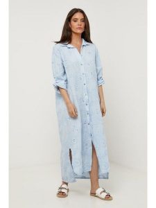 Lin Passion Lniana sukienka w kolorze błękitnym rozmiar: 34/36. Niebieskie sukienki Lin Passion, bez wzorów, ze lnu, klasyczne, bez kołnierzyka, bez ramiączek, maxi. Za 173,99 zł.