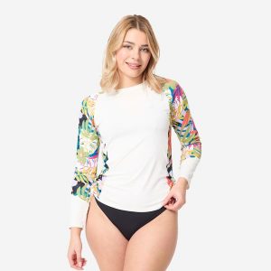 Top UV surfingowy damski Olaian Kanika długi rękaw. Białe topy OLAIAN, xs, bez wzorów, z materiału, sportowe, bez kołnierzyka, bez ramiączek. Za 69,99 zł.