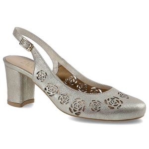 Złote Sandały Exquisite Damskie Buty Na Obcasie. Żółte sandały Exquisite, w ażurowe wzory, ze skóry, bez obcasa, na obcasie, bez zapięcia. Za 179,00 zł.