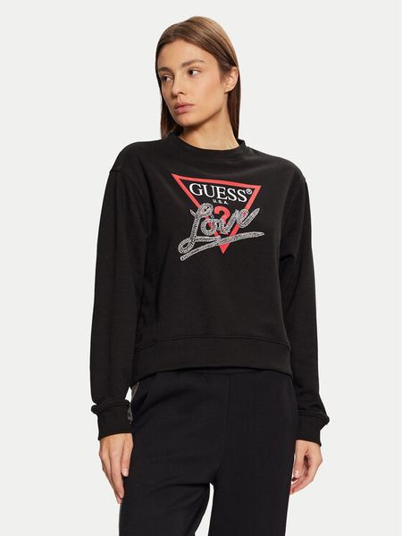 Guess Bluza W5RQ04 KB683 Czarny Regular Fit. Czarne bluzy Guess, xs, z aplikacjami, z syntetyku, bez kaptura. Za 199,99 zł.