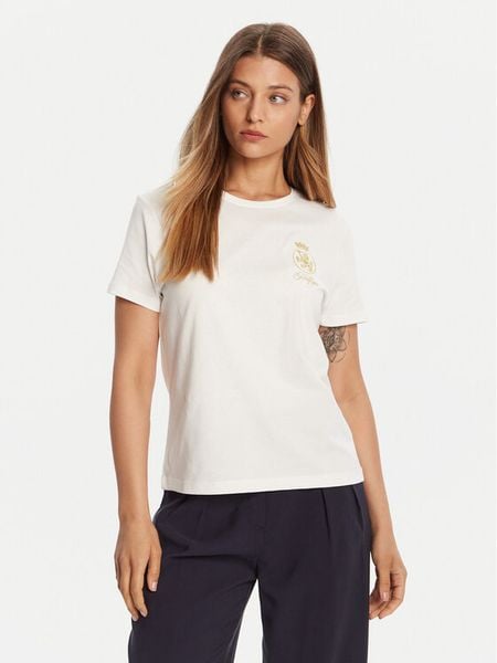 Tommy Hilfiger T-Shirt Gold Crest WW0WW46153 Biały Regular Fit. Białe t-shirty TOMMY HILFIGER, s, bez wzorów, z bawełny, bez kołnierzyka, bez ramiączek. Za 159,99 zł.