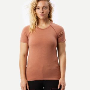 Koszulka damska trekkingowa z krótkim rękawem Forclaz MT900 merino seamless. Brązowe bluzki FORCLAZ, m, bez wzorów, z elastanu, sportowe, bez kołnierzyka, bez ramiączek. Za 219,99 zł.