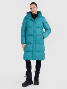 4F Płaszcz puchowy z wypełnieniem syntetycznym damski - turkusowy XS. Niebieskie płaszcze 4f, na zimę, xs, bez wzorów, z materiału, bez kaptura. Za 499,99 zł.