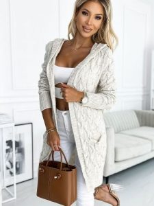 Sweter Kardigan Model 491-1 Beige Warkocz - Numoco. Brązowe kardigany NUMOCO, z elastanu. Za 209,40 zł.