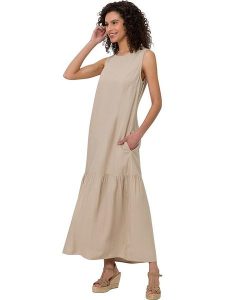 Heine Sukienka w kolorze beżowym rozmiar: 42. Brązowe sukienki Heine, na co dzień, bez wzorów, bez kołnierzyka, bez ramiączek, maxi, proste. Za 69,99 zł.