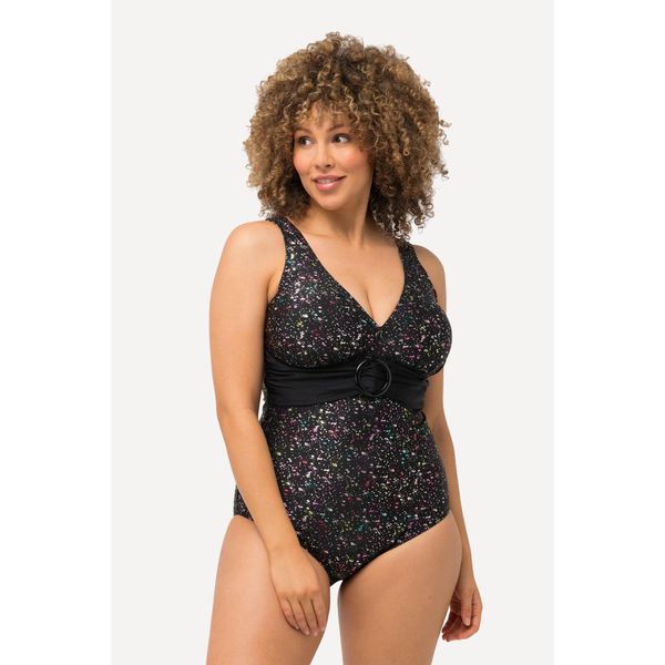 Damskie Strój kąpielowy metaliczne kropki miękkie miseczki ozdobne kółko. Czarne stroje jednoczęściowe Ulla Popken, bez wzorów, z elastanu. Za 279,99 zł.