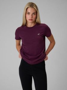 4F T-shirt regular gładki damski - fioletowy M. Fioletowe t-shirty 4f, m, bez wzorów, z bawełny, bez kołnierzyka, bez ramiączek. Za 49,99 zł.