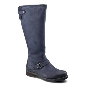 Granatowe Kozaki Simen Damskie Wygodne Obuwie. Niebieskie kozaki Simen, na zimę, bez wzorów, z nubiku, przed kolano, bez obcasa, bez zapięcia. Za 399,00 zł.