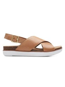 Clarks Skórzane sandały w kolorze jasnobrązowym rozmiar: 37. Brązowe sandały Clarks, bez wzorów, z otwartym noskiem, bez obcasa, na platformie, bez zapięcia. Za 222,70 zł.
