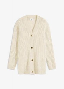 Gruby sweter rozpinany z miękkiej mieszanki wełny. Białe kardigany bonprix, z wełny, bez kołnierzyka. Za 124,99 zł.