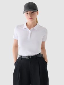 4F Koszulka polo slim damska - biała L. Białe bluzki 4f, l, bez wzorów, z bawełny, klasyczne, bez kołnierzyka, bez ramiączek. Za 89,99 zł.