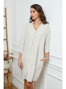 Fleur de Lin Lniana sukienka w kolorze beżowym rozmiar: XL. Brązowe sukienki Fleur de Lin, na co dzień, xl, bez wzorów, ze lnu, bez kołnierzyka, bez ramiączek, midi, proste. Za 114,44 zł.
