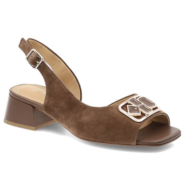 Sandały damskie S.Barski, cholewka ze skóry naturalnej z odkrytymi palcami na stabilnym obcasie z regulowanym paskiem i geometryczną ozdobą, brązowe,. Brązowe sandały S.BARSKI, z aplikacjami, ze skóry, z otwartym noskiem, bez obcasa, na obcasie, bez zapięcia. Za 332,90 zł.