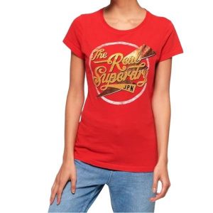 Koszulka turystyczna damska Superdry The Real Sparkle Entry. Czerwone koszulki sportowe Superdry, bez wzorów, z bawełny, bez ramiączek. Za 92,00 zł.