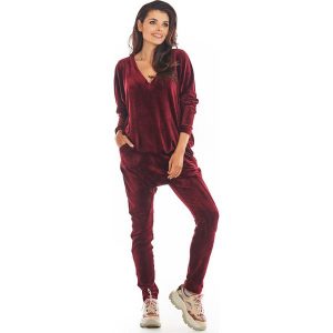 Wygodna Welurowa Bluza z Dekoltem w Szpic - Bordowa. Czerwone bluzy Awama, uniwersalny, bez wzorów, z materiału, bez kaptura. Za 182,90 zł.