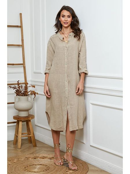 Fleur de Lin Lniana sukienka w kolorze beżowym rozmiar: M. Brązowe sukienki Fleur de Lin, na co dzień, m, bez wzorów, ze lnu, bez kołnierzyka, bez ramiączek, midi, proste. Za 131,12 zł.