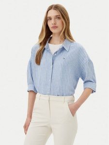 Tommy Hilfiger Koszula WW0WW46169 Niebieski Loose Fit. Niebieskie koszule TOMMY HILFIGER, bez wzorów, ze lnu, bez kołnierzyka, bez ramiączek. Za 329,99 zł.