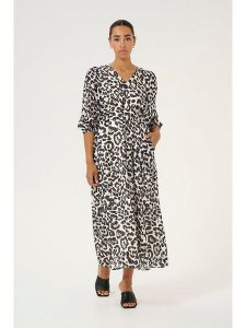 Kaffe Sukienka "Sepia" w kolorze kremowo-czarnym rozmiar: 42. Brązowe sukienki Kaffe, bez wzorów, z tkaniny, bez kołnierzyka, bez ramiączek, midi, rozkloszowane. Za 288,45 zł.