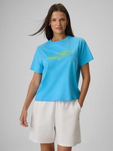 4F T-shirt boxy z nadrukiem damski - niebieski L. Niebieskie t-shirty 4f, l, bez wzorów, z bawełny, bez kołnierzyka, bez ramiączek. Za 69,99 zł.