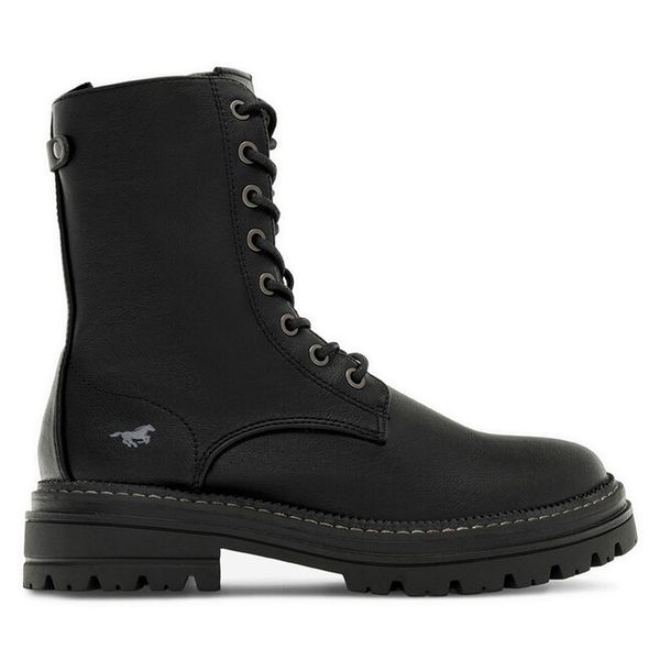 Trzewiki Mustang. Czarne botki Mustang, bez wzorów, bez obcasa, na płaskiej podeszwie, bez zapięcia. Za 349,99 zł.