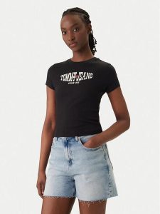 Tommy Jeans T-Shirt Wavy Flag DW0DW22272 Czarny Slim Fit. Czarne t-shirty Tommy Jeans, l, bez wzorów, z bawełny, bez kołnierzyka, bez ramiączek. Za 149,99 zł.