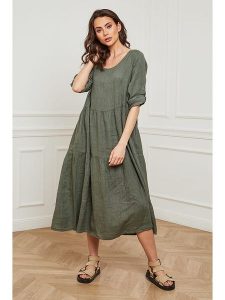 Plume Lniana sukienka "Depay" w kolorze khaki rozmiar: M. Brązowe sukienki Plume, m, bez wzorów, ze lnu, bez kołnierzyka, bez ramiączek, midi. Za 219,60 zł.