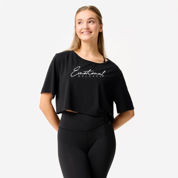 Koszulka do tańca modern jazz damska Domyos crop top. Czarne topy DOMYOS, m, bez wzorów, z elastanu, eleganckie, bez kołnierzyka, bez ramiączek. Za 69,99 zł.