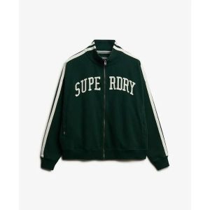 Kurtka dresowa z zamkiem błyskawicznym z aplikacją dla kobiet Superdry Athletic. Zielone kurtki Superdry, z aplikacjami, z dresówki, bez kaptura. Za 386,90 zł.