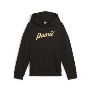 Młodzieżowa bluza z kapturem ESS+ SCRIPT PUMA Black Gold Foil. Czarna bluzy Puma, m, bez wzorów, z kapturem. Za 146,99 zł.