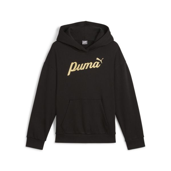 Młodzieżowa bluza z kapturem ESS+ SCRIPT PUMA Black Gold Foil. Czarna bluzy Puma, m, bez wzorów, z kapturem. Za 146,99 zł.