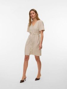 Vero Moda Sukienka w kolorze beżowym rozmiar: XL. Brązowe sukienki Vero Moda, xl, bez wzorów, z tkaniny, bez kołnierzyka, bez ramiączek, mini. Za 105,38 zł.