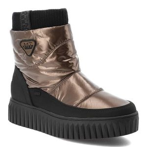 Brązowe Metaliczne Śniegowce Marco Tozzi Modne Obuwie Damskie. Brązowe buty zimowe Marco Tozzi, bez obcasa, na platformie, bez zapięcia. Za 299,00 zł.