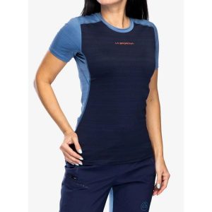Koszulka szybkoschnąca damska La Sportiva Sunfire T-Shirt. Niebieskie koszulki sportowe La Sportiva, bez wzorów, bez ramiączek. Za 188,99 zł.