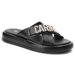 Czarne Klapki Carinii Modne Buty Damskie. Czarne klapki Carinii, bez wzorów, z materiału, bez obcasa. Za 399,00 zł.