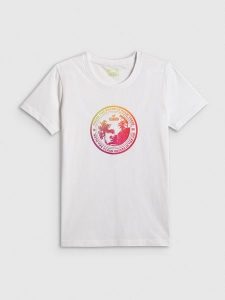 4F T-shirt regular z nadrukiem damski - biały XS. Białe t-shirty 4f, xs, bez wzorów, z bawełny, bez kołnierzyka, bez ramiączek. Za 59,99 zł.