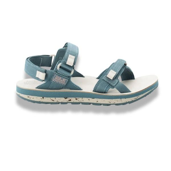 Sandały turystyczne damskie Jack Wolfskin Outfresh Deluxe. Niebieskie buty trekkingowe Jack Wolfskin, bez wzorów, bez obcasa, bez zapięcia. W wyprzedaży za 184,00 zł.