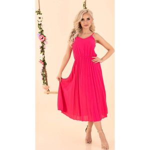 Sukienka na Ramiączkach z Plisowanym Dołem - Fuksja. Czerwone sukienki Merribel, l, bez wzorów, z materiału, wizytowe, bez kołnierzyka, bez ramiączek, plisowane. Za 139,90 zł.