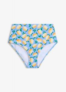 Figi bikini z wysokim stanem. Niebieskie figi bonprix, bez wzorów. Za 69,99 zł.