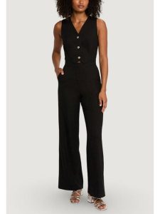 Morgan Kombinezon 252-PAMELI Czarny Regular Fit. Czarne kombinezony Morgan, bez wzorów, z syntetyku, bez kołnierzyka, bez ramiączek. Za 449,99 zł.