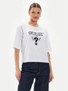 Guess T-Shirt Aurelie V4YI06 I3Z14 Biały Boxy Fit. Białe t-shirty Guess, xs, z aplikacjami, z bawełny, bez kołnierzyka, bez ramiączek. Za 99,99 zł.