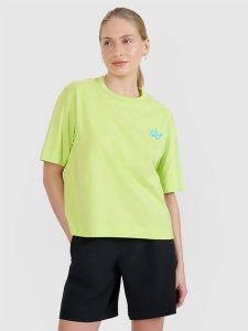 4F T-shirt regular z nadrukiem damski - zielony XL. Zielone t-shirty 4f, uniwersalny, bez wzorów, z bawełny, bez kołnierzyka, bez ramiączek. W wyprzedaży za 39,99 zł.