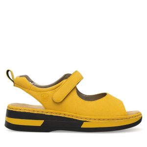 Sandały Rieker. Żółte sandały Rieker, bez wzorów, bez obcasa, na płaskiej podeszwie, bez zapięcia. Za 299,99 zł.