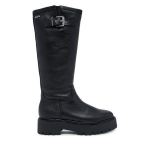 Kozaki KARL LAGERFELD. Czarne kozaki KARL LAGERFELD, bez wzorów, bez obcasa, na płaskiej podeszwie, bez zapięcia. Za 729,99 zł.