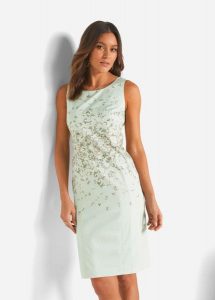 Sukienka ołówkowa z nadrukiem. Zielone sukienki bonprix, bez wzorów, klasyczne, bez kołnierzyka, bez ramiączek, ołówkowe. Za 189,99 zł.